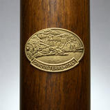 Cinque Terre hiking stick medallion installed on a wooden hiking staff