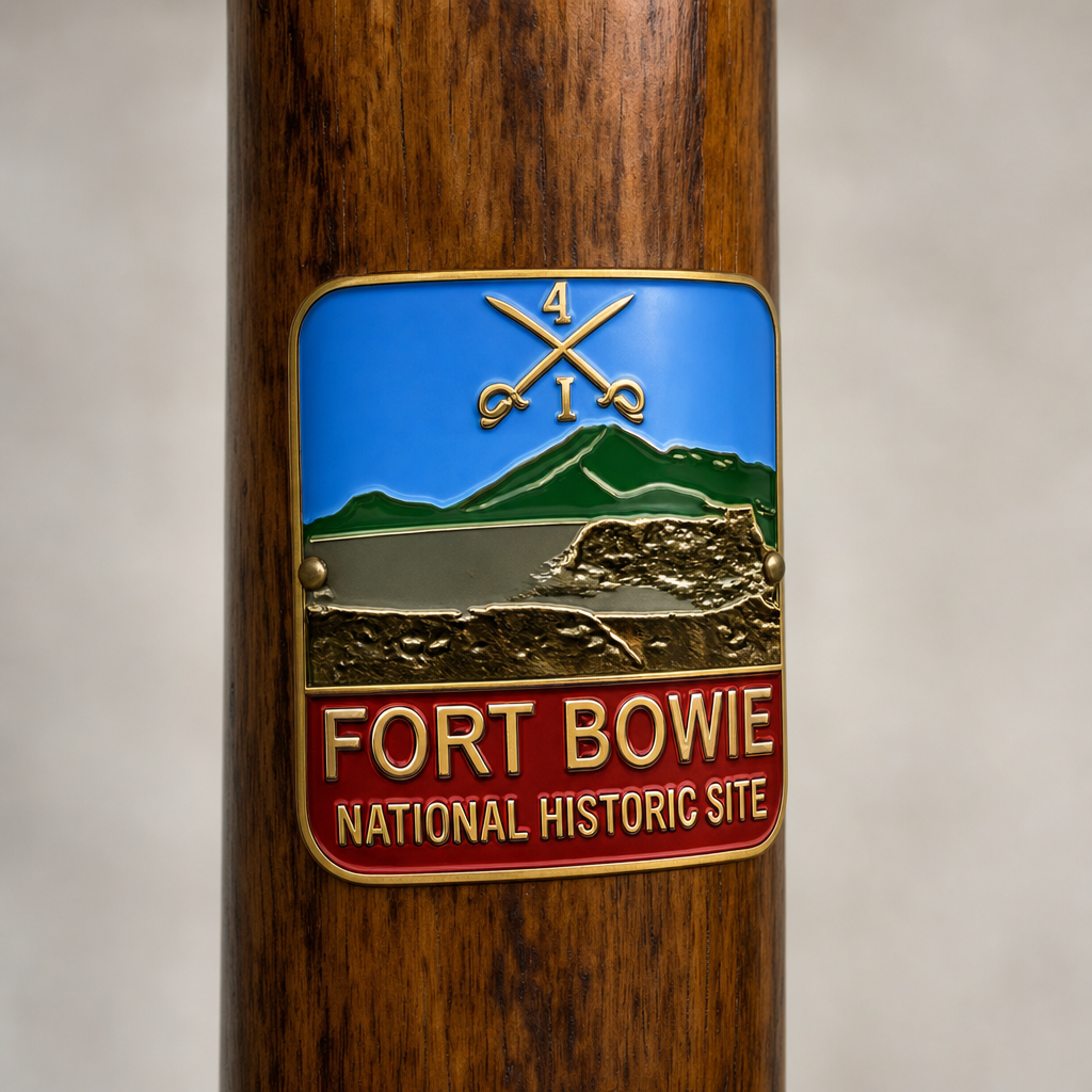 Fort Bowie State Park hiking stick medallion installed on a wooden hiking staff