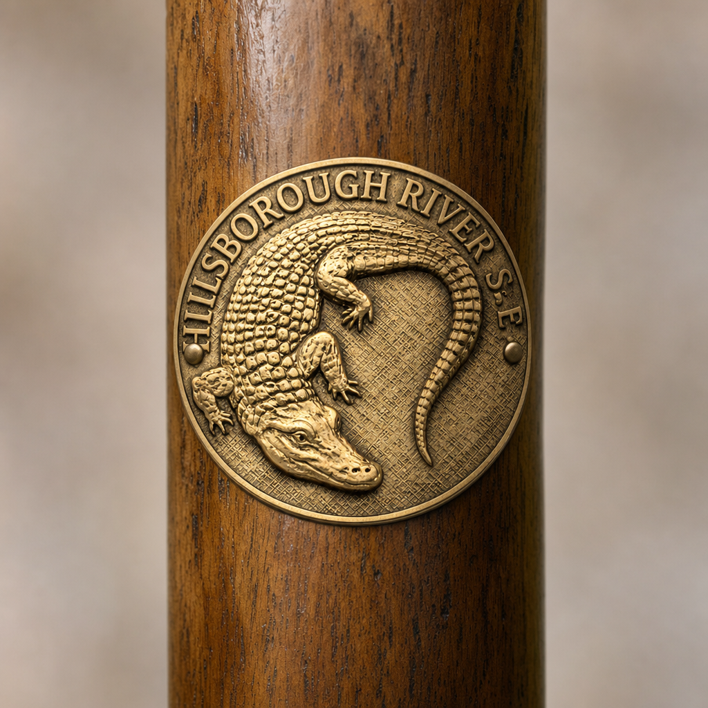 Hillsborough River State Park hiking stick medallion installed on a wooden hiking staff