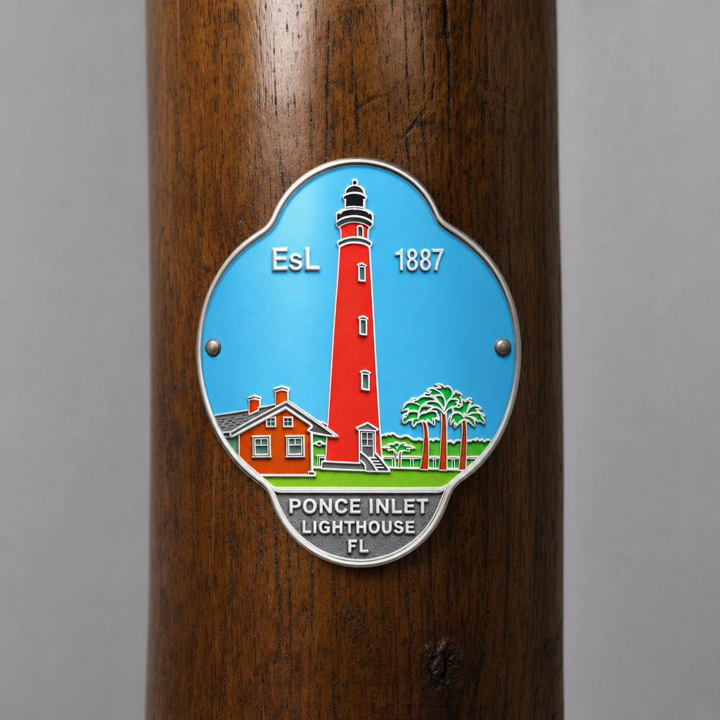 Ponce Lighthouse National Historic Landmark hiking stick medallion installed on a wooden hiking staff