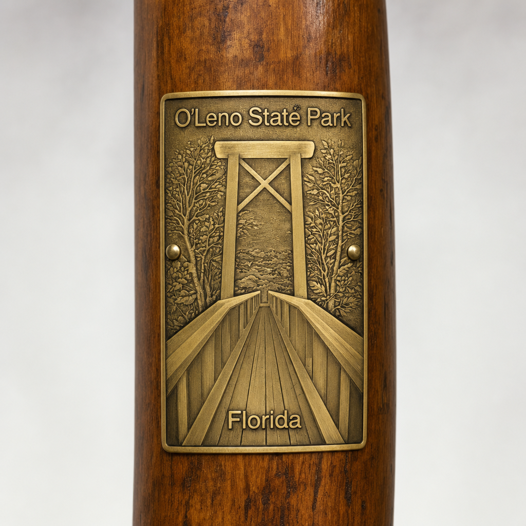 O'leno State Park hiking stick medallion installed on a wooden hiking staff