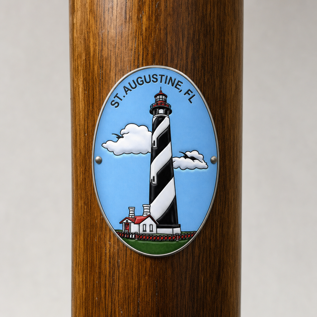 St. Augustine Light hiking stick medallion installed on a wooden hiking staff