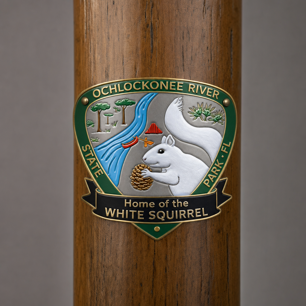 Ochlockonee River State Park hiking stick medallion installed on a wooden hiking staff