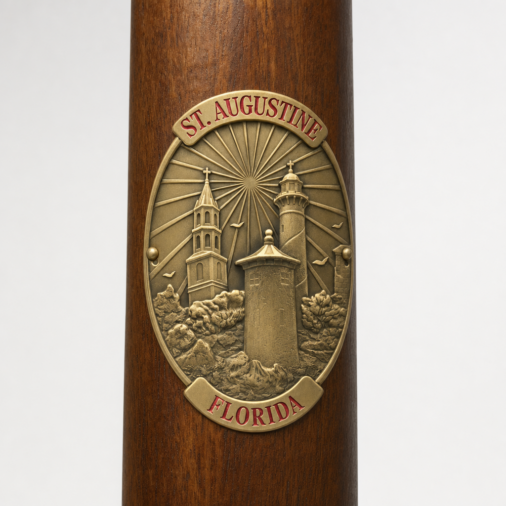 St. Augustine hiking stick medallion installed on a wooden hiking staff