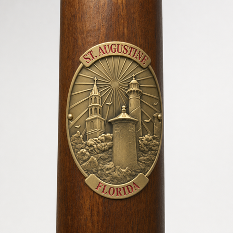 St. Augustine hiking stick medallion installed on a wooden hiking staff