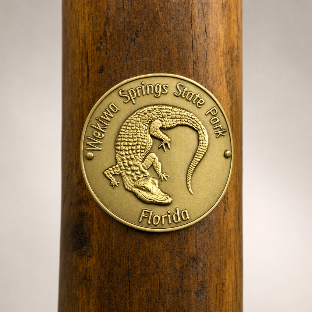Wekiwa Springs State Park hiking stick medallion installed on a wooden hiking staff