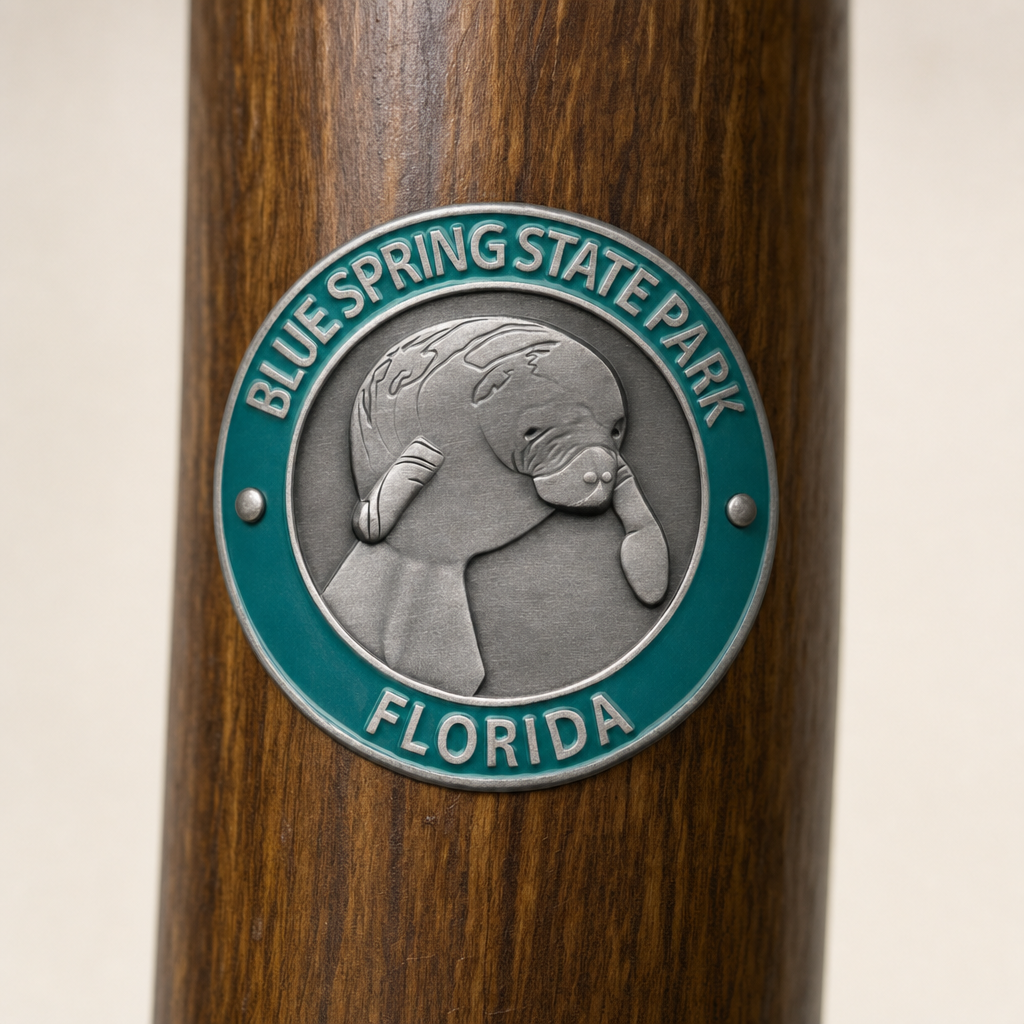 Blue Spring State Park hiking stick medallion installed on a wooden hiking staff