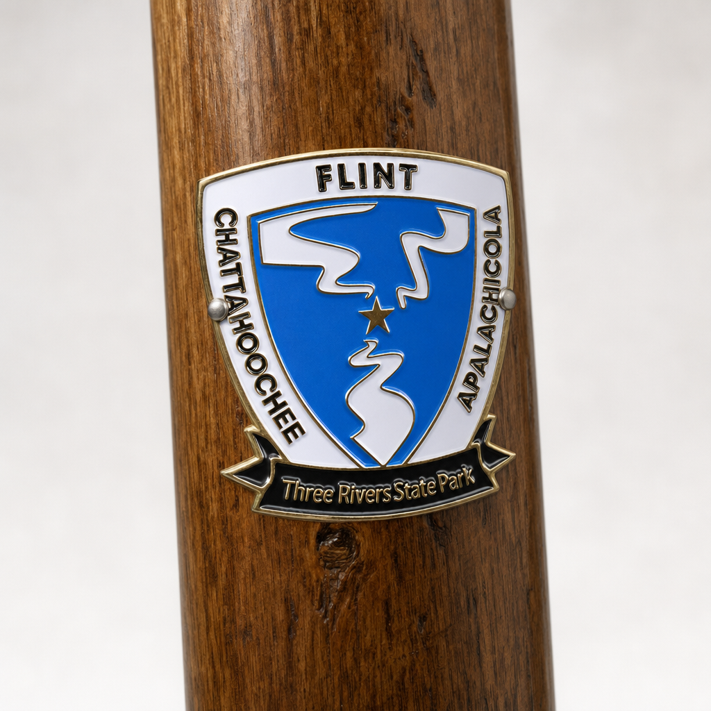 Three Rivers State Park hiking stick medallion installed on a wooden hiking staff