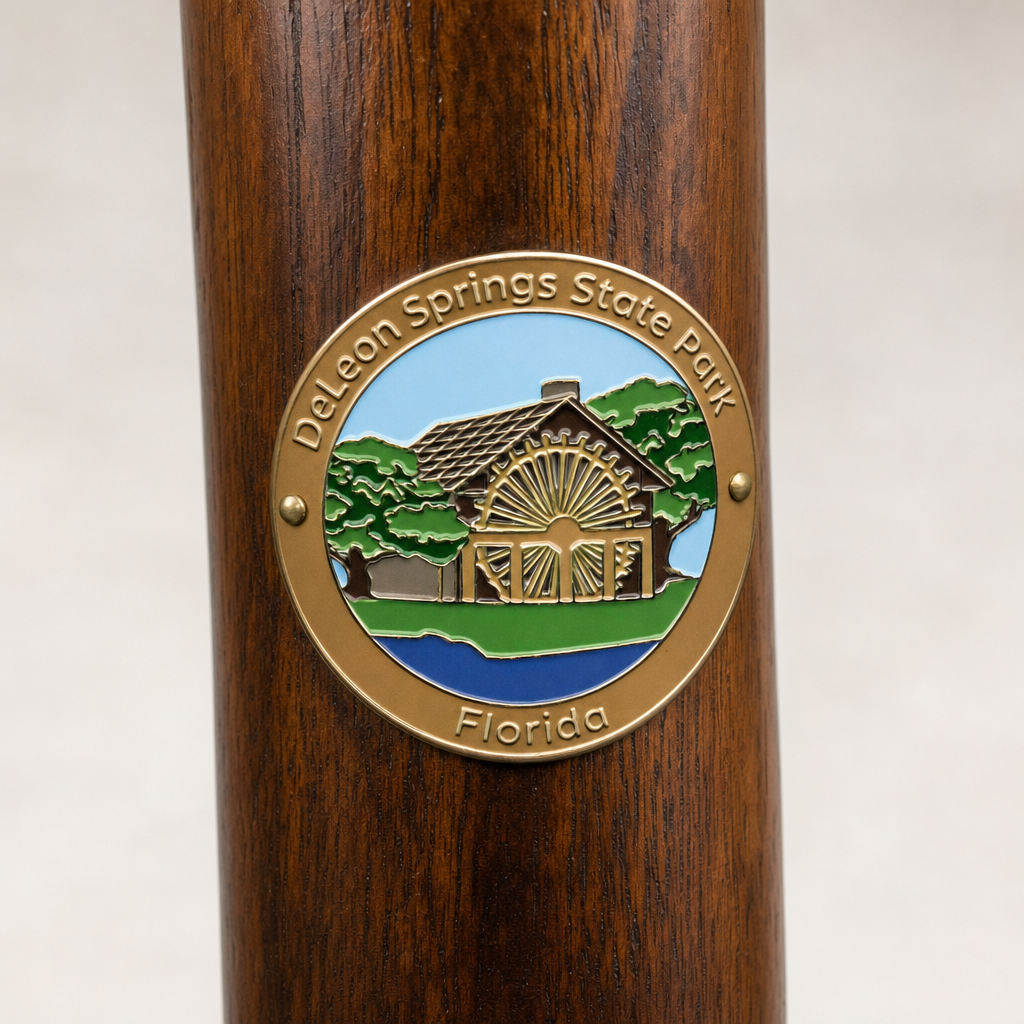 De Leon Springs State Park hiking stick medallion installed on a wooden hiking staff