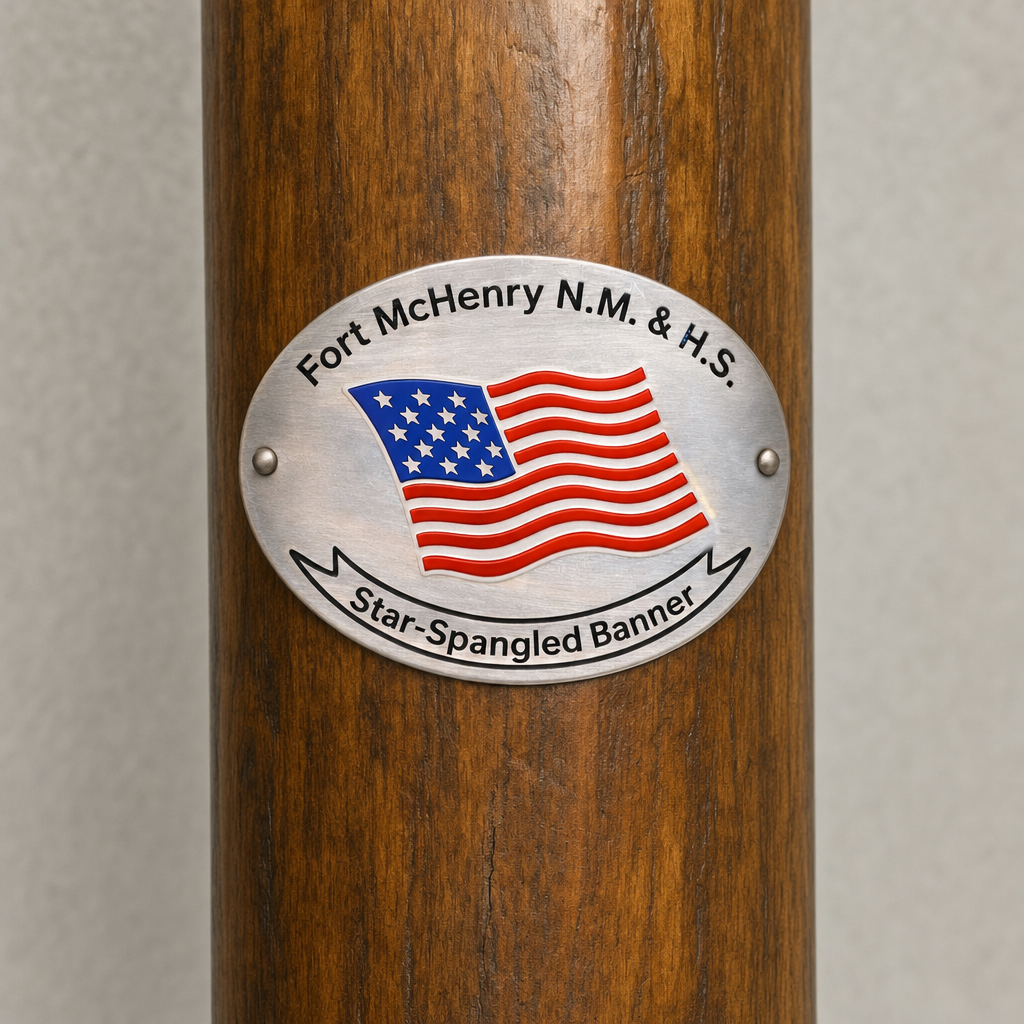 Fort McHenry National Monument hiking stick medallion installed on a wooden hiking staff
