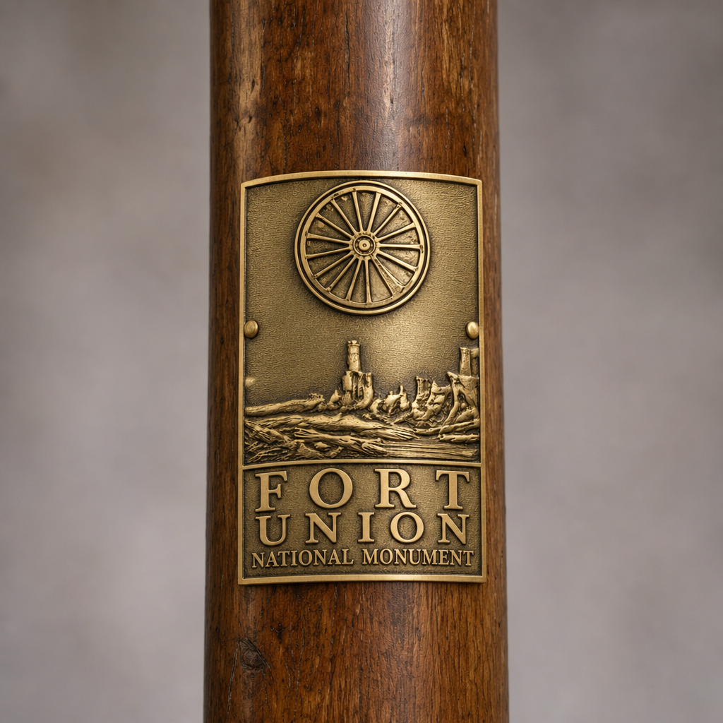 Fort Union National Monument hiking stick medallion installed on a wooden hiking staff