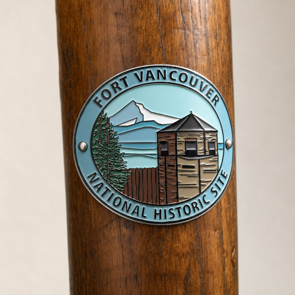 Fort Vancouver National Historic Site hiking stick medallion installed on a wooden hiking staff