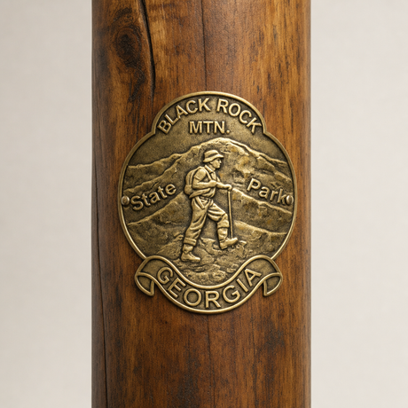 Black Rock State Park Hiker hiking stick medallion installed on a wooden hiking staff