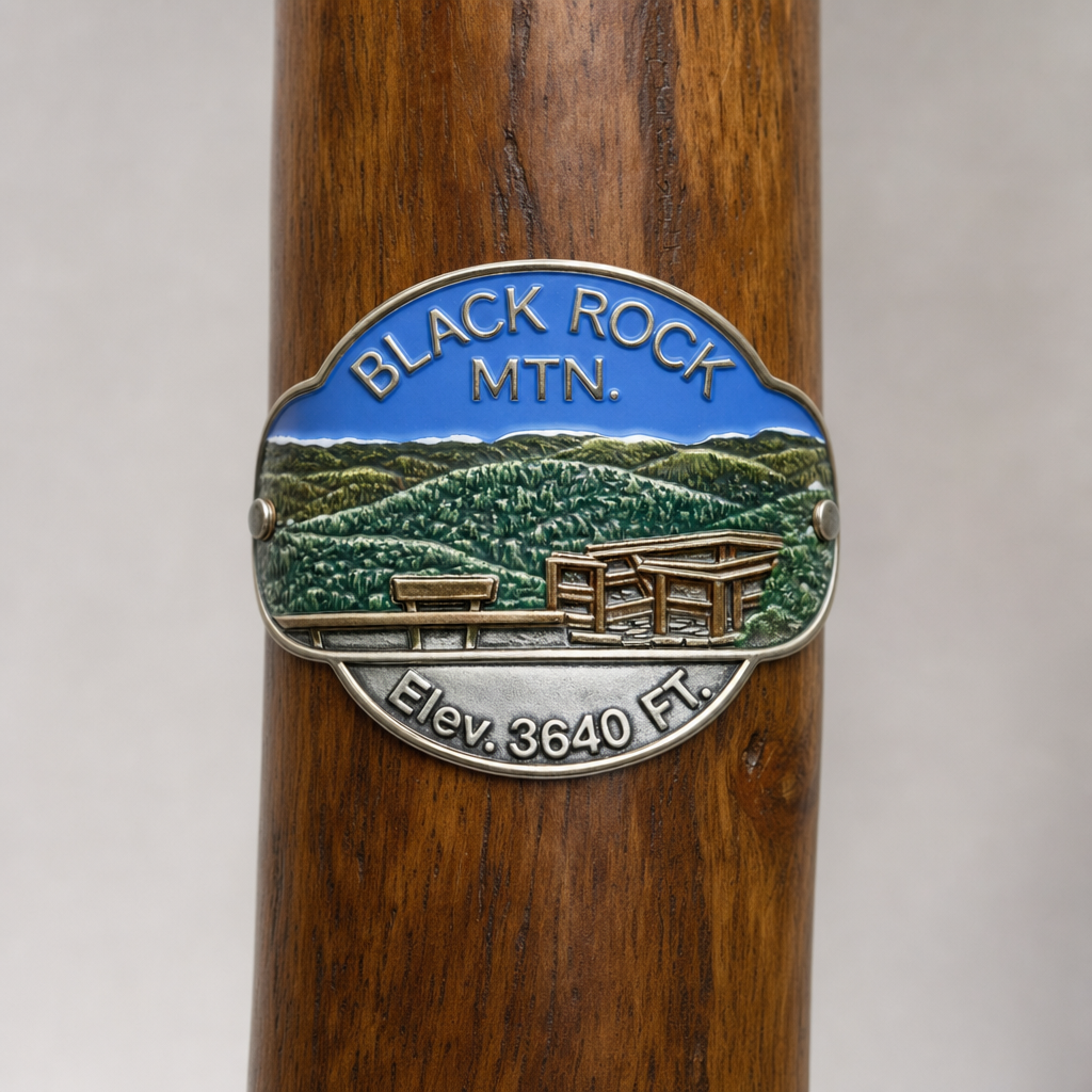 Black Rock State Park View hiking stick medallion installed on a wooden hiking staff