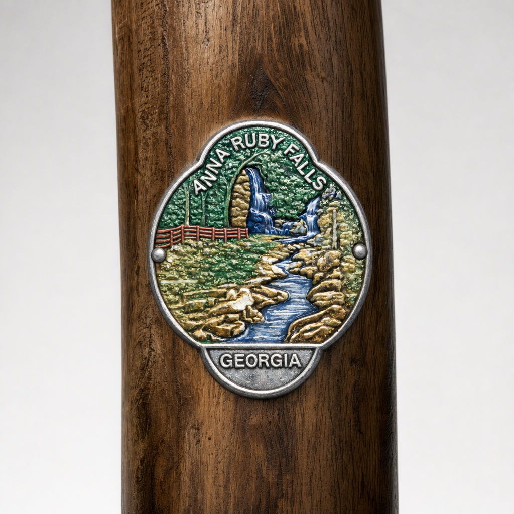 Anna Ruby Falls State Park hiking stick medallion installed on a wooden hiking staff