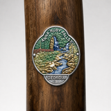Anna Ruby Falls State Park hiking stick medallion installed on a wooden hiking staff
