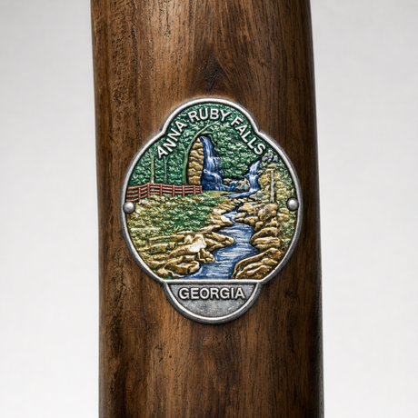 Anna Ruby Falls State Park hiking stick medallion installed on a wooden hiking staff