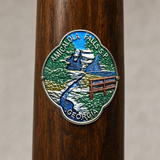 Amicalola Falls State Park View hiking stick medallion installed on a wooden hiking staff