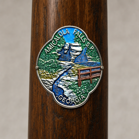 Amicalola Falls State Park View hiking stick medallion installed on a wooden hiking staff