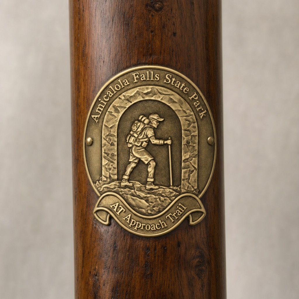 Amicalola Falls State Park - Approach Trail hiking stick medallion installed on a wooden hiking staff
