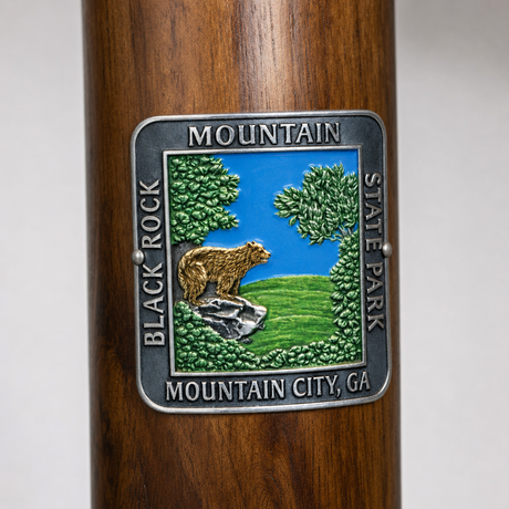 Black Rock Mt. State Park hiking stick medallion installed on a wooden hiking staff