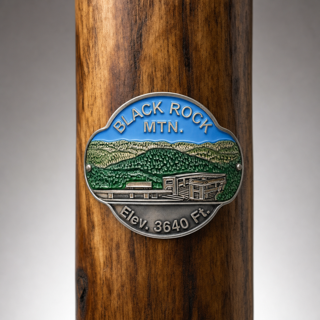 Black Rock Mtn. hiking stick medallion installed on a wooden hiking staff