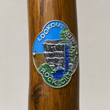 Lookout Mt. State Park Rock City hiking stick medallion installed on a wooden hiking staff