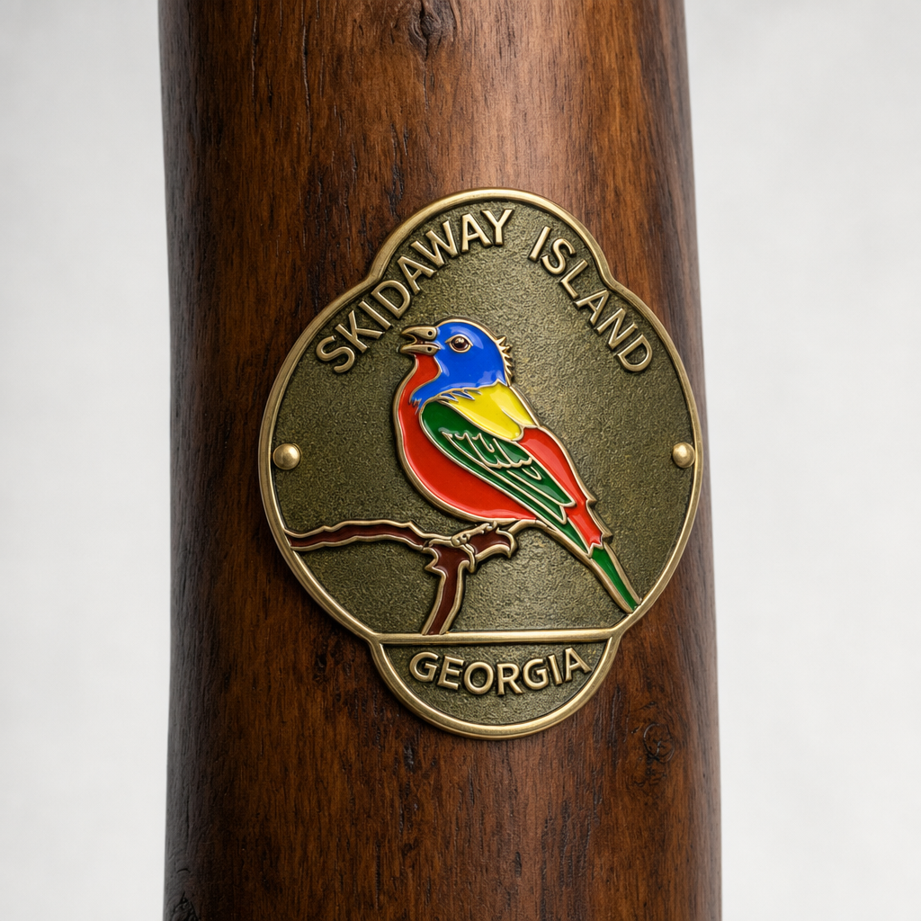 Skidaway Island State Park hiking stick medallion installed on a wooden hiking staff