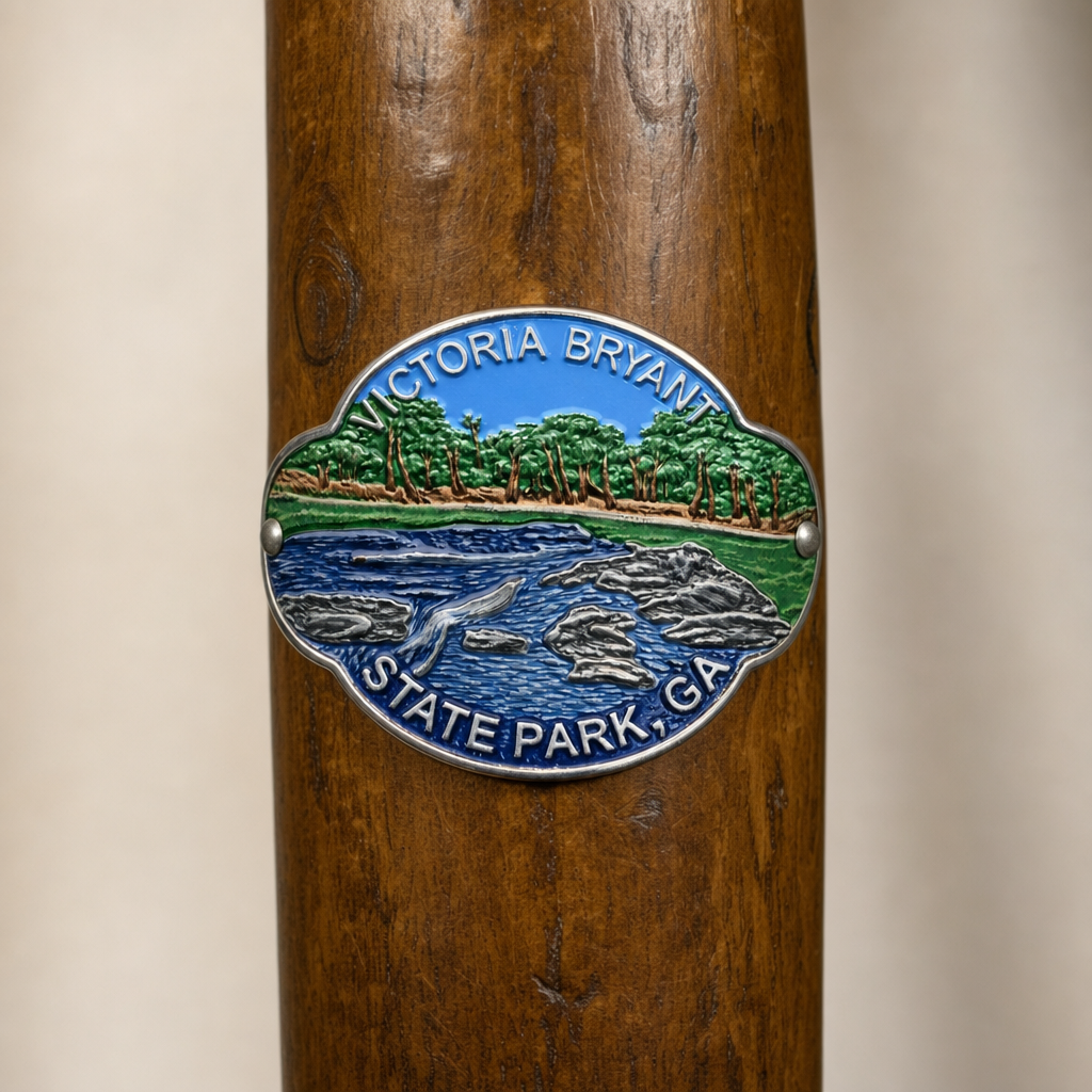 Victoria Bryant State Park hiking stick medallion installed on a wooden hiking staff