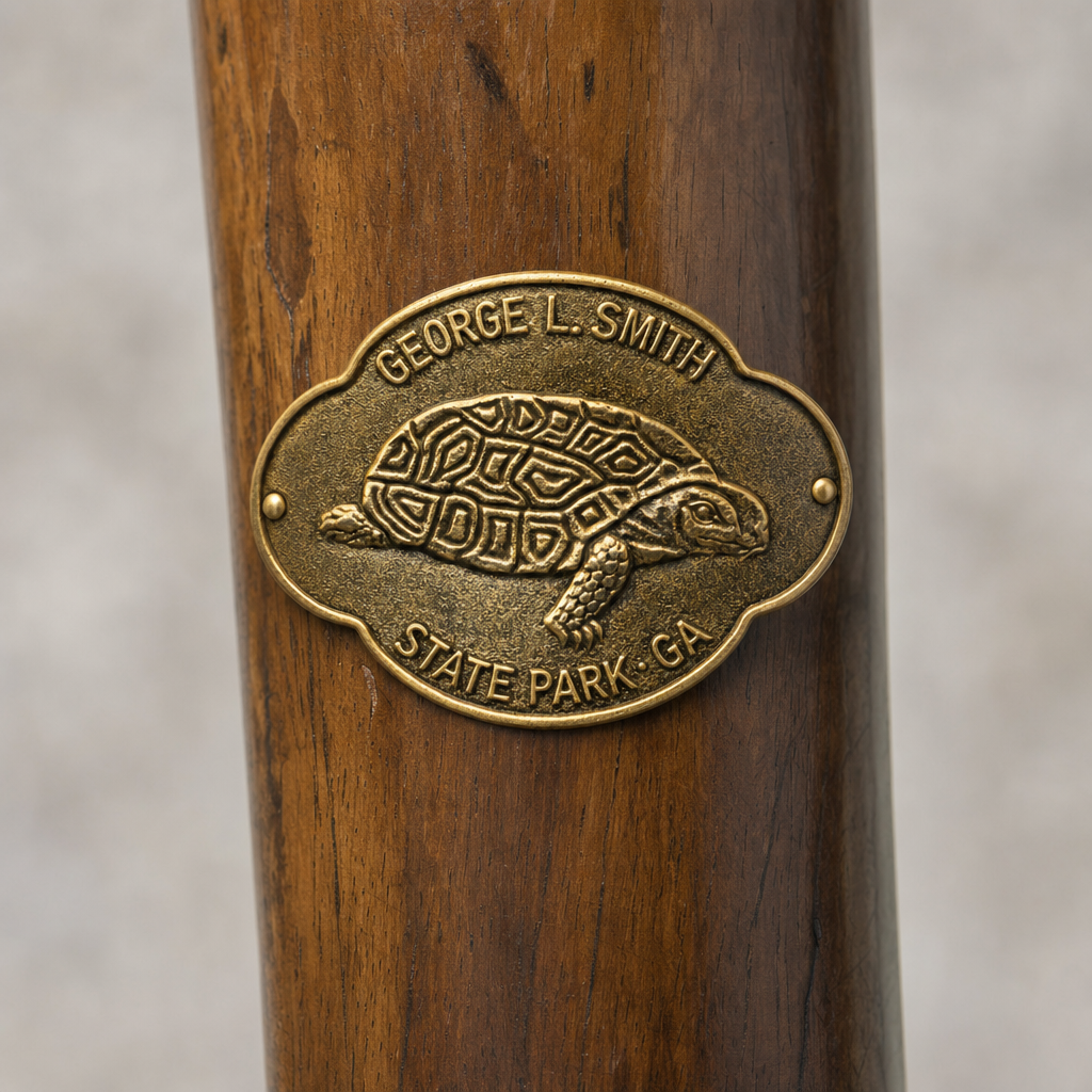 George L. Smith State Park hiking stick medallion installed on a wooden hiking staff