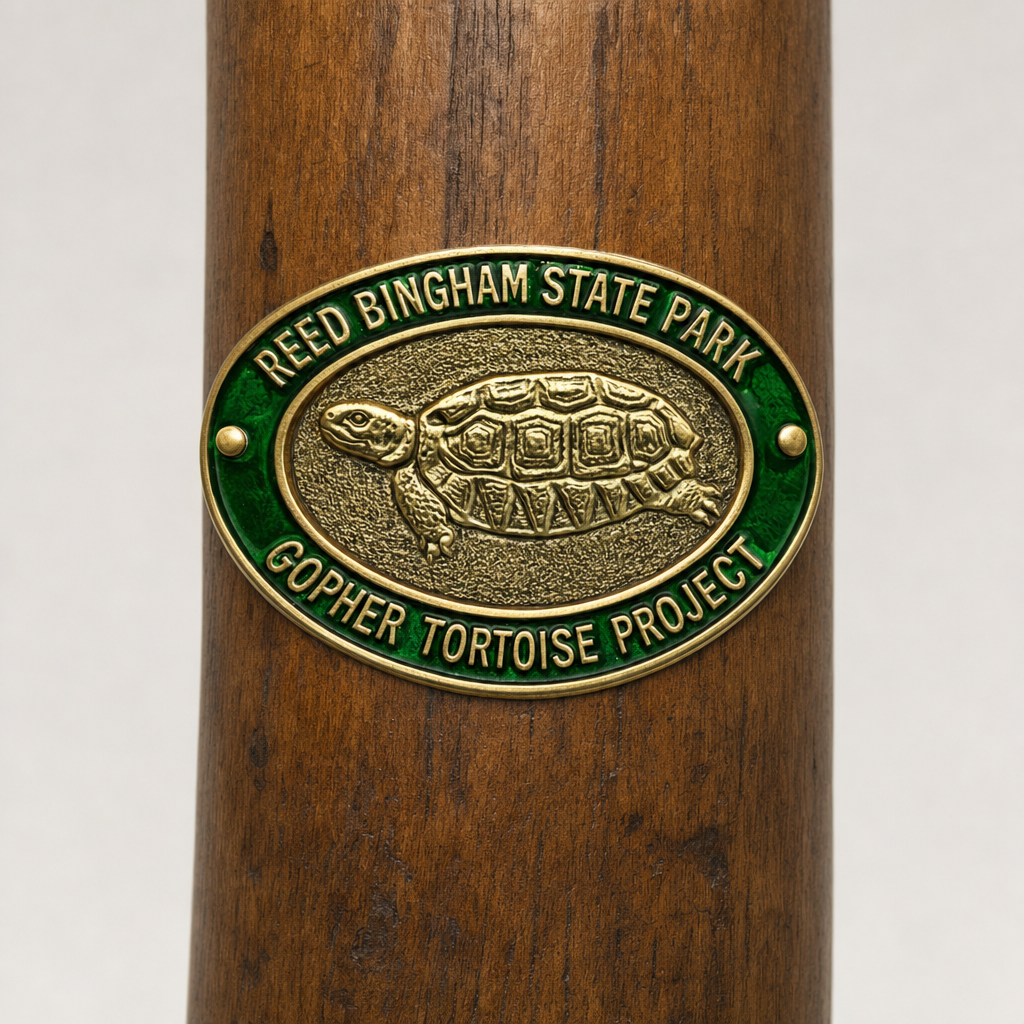 Reed Bingham State Park Tortoise Project hiking stick medallion installed on a wooden hiking staff
