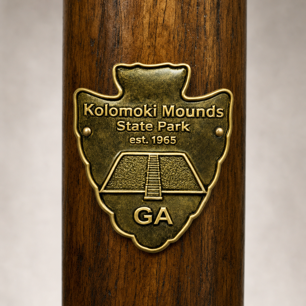 Kolomoki Mounds State Park hiking stick medallion installed on a wooden hiking staff