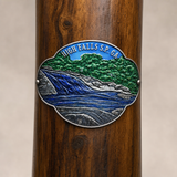 High Falls State Park hiking stick medallion installed on a wooden hiking staff