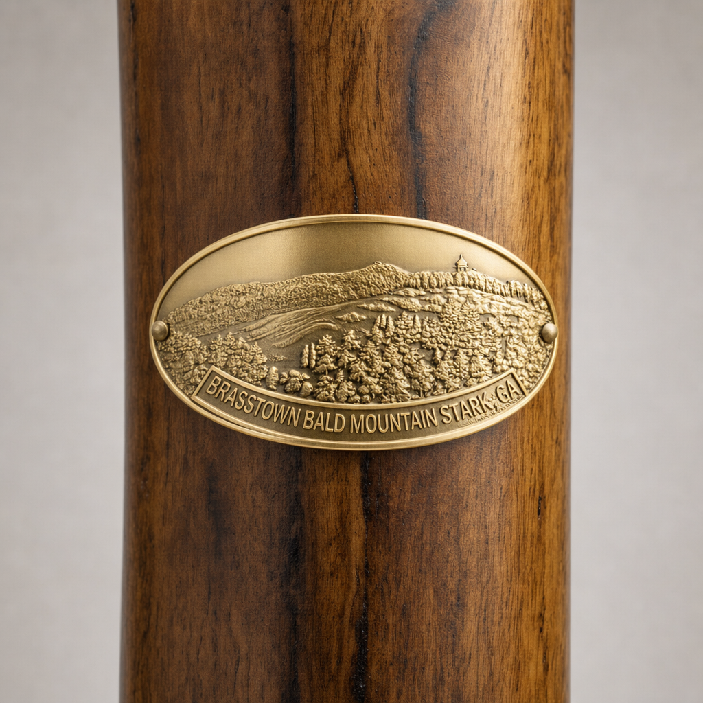 Panola Mountain State Park hiking stick medallion installed on a wooden hiking staff