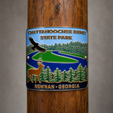 Chattahoochee Bend State Historic Park hiking stick medallion installed on a wooden hiking staff