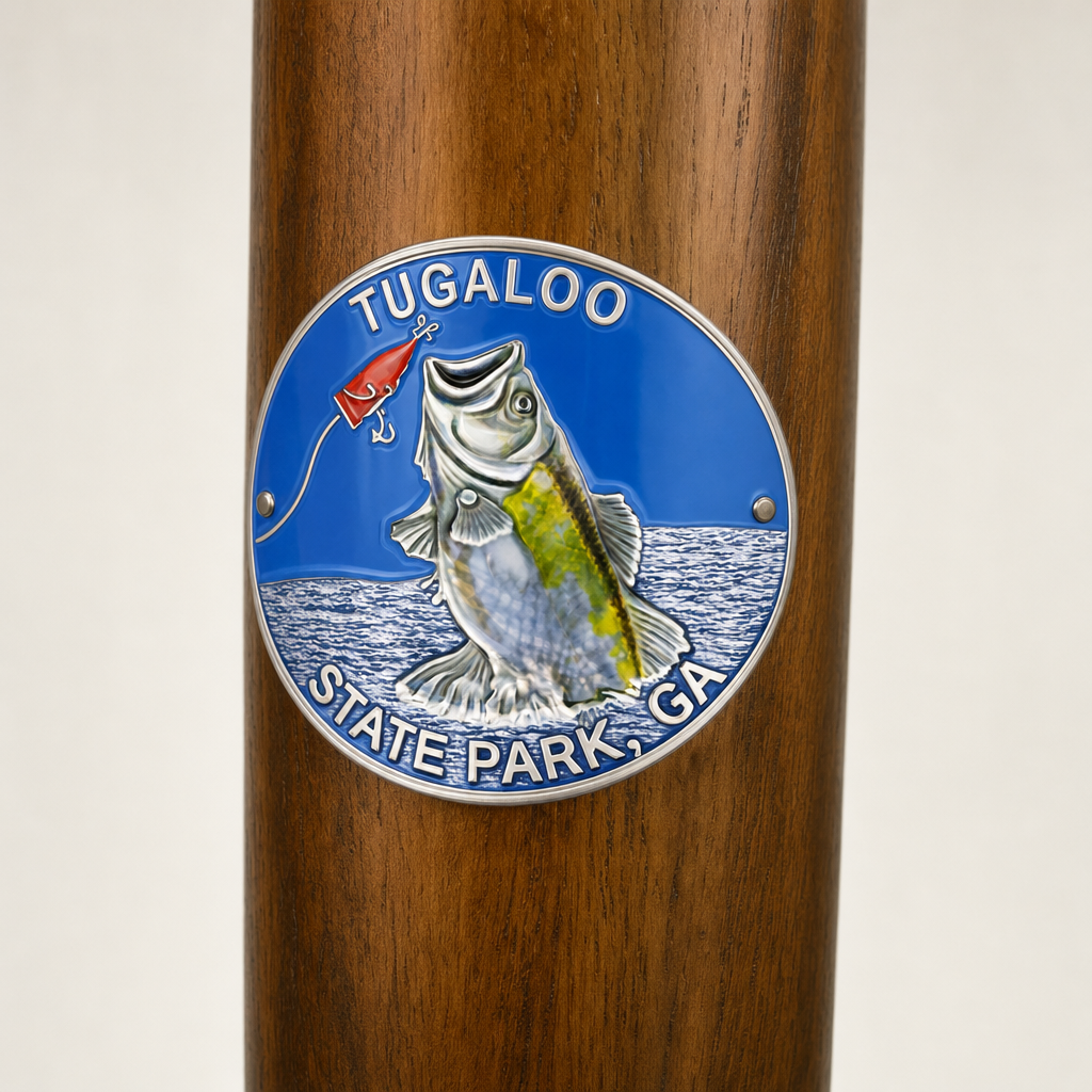 Tugaloo State Park hiking stick medallion installed on a wooden hiking staff