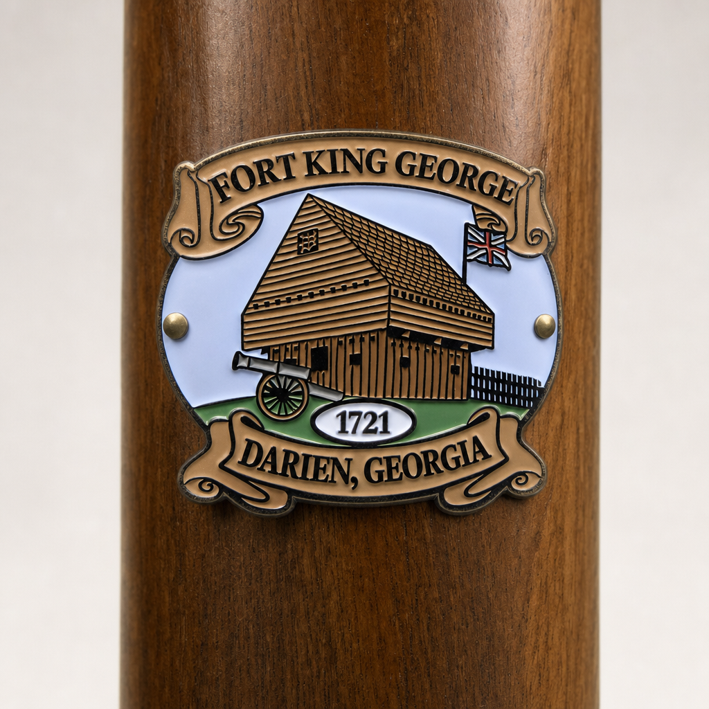 Fort King George hiking stick medallion installed on a wooden hiking staff
