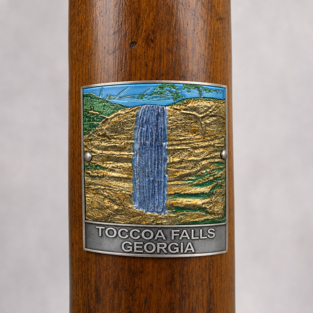Toccoa Falls hiking stick medallion installed on a wooden hiking staff