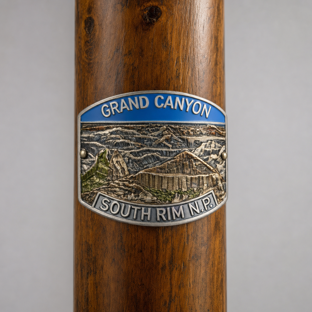 Grand Canyon National Park South Rim View hiking stick medallion installed on a wooden hiking staff