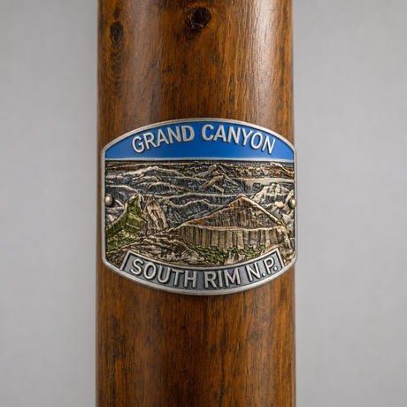 Grand Canyon National Park South Rim View hiking stick medallion installed on a wooden hiking staff