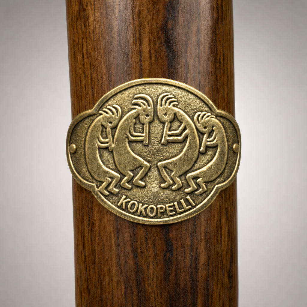 Grand Canyon National Park Kokopelli hiking stick medallion installed on a wooden hiking staff