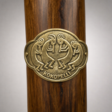 Grand Canyon National Park Kokopelli hiking stick medallion installed on a wooden hiking staff