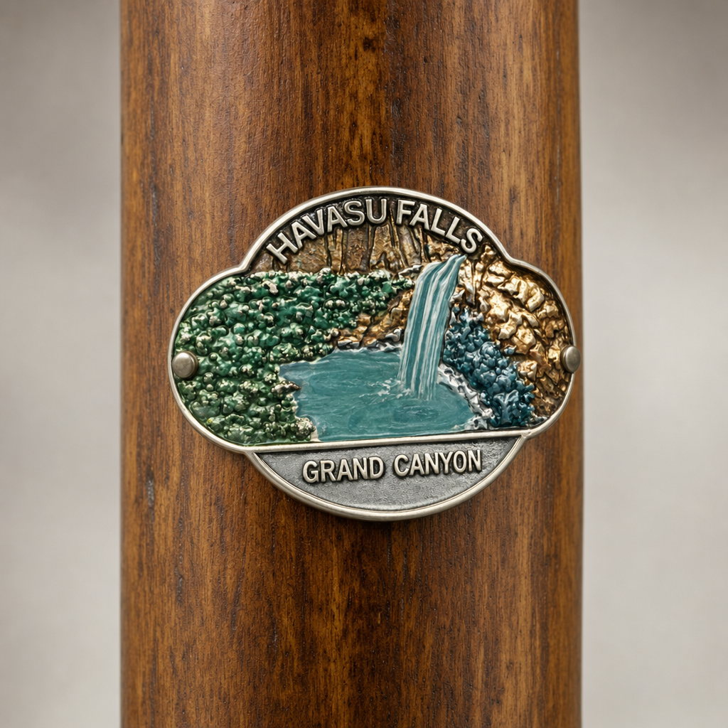 Grand Canyon National Park Havasu Falls View hiking stick medallion installed on a wooden hiking staff