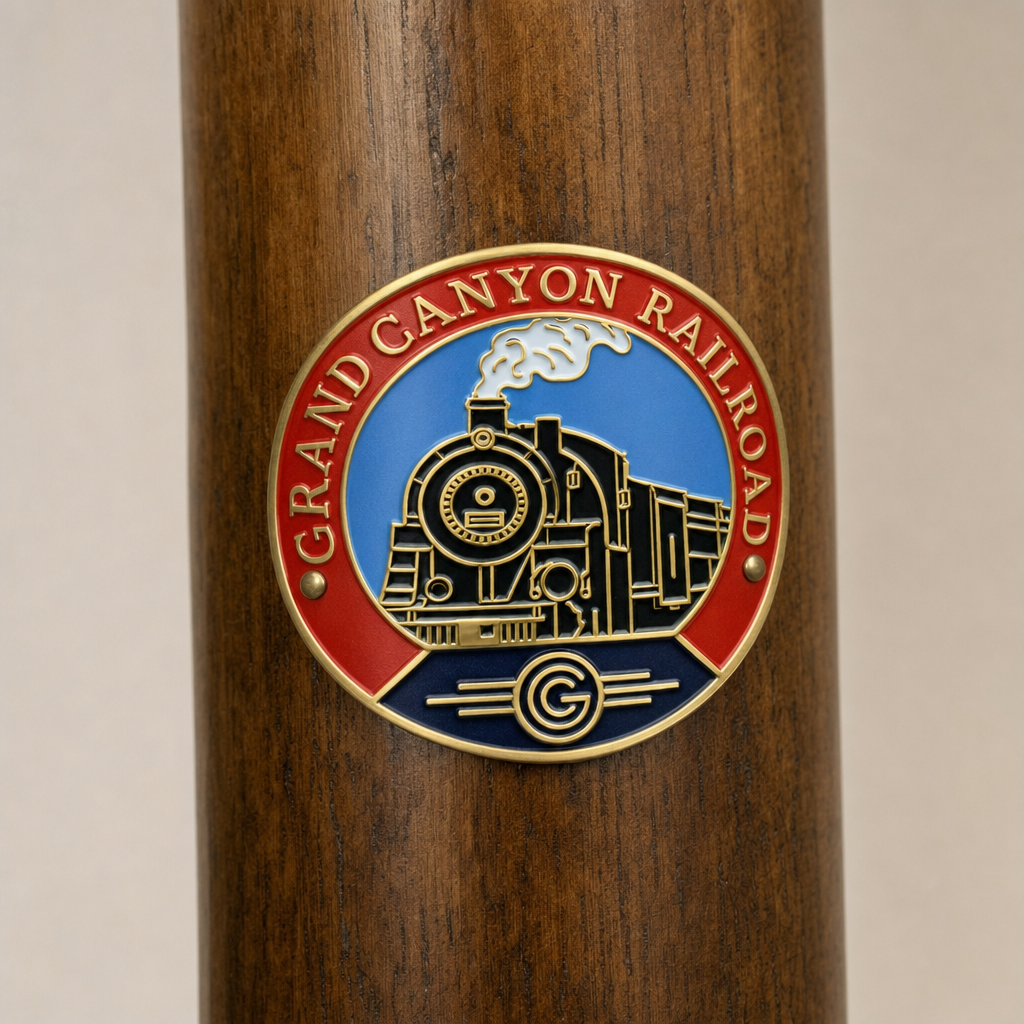 Grand Canyon Railway National Historic Places hiking stick medallion installed on a wooden hiking staff