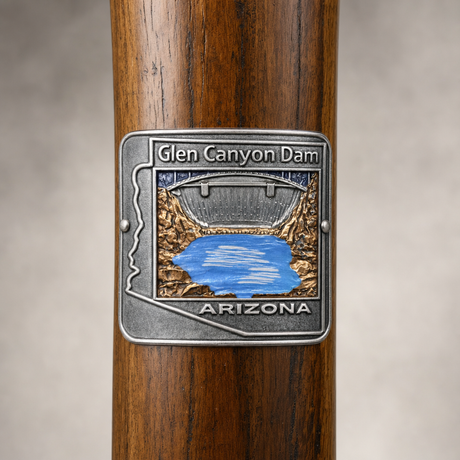 Glen Canyon Dam National Recreation Area View hiking stick medallion installed on a wooden hiking staff