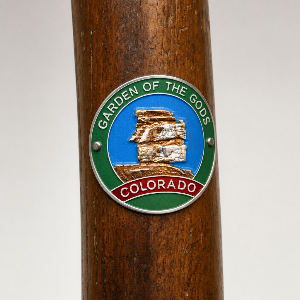 Garden of the Gods City Park View hiking stick medallion installed on a wooden hiking staff