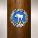 Glacier National Park National Park Mt. Goat hiking stick medallion installed on a wooden hiking staff