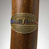 Golden Spike National Historical Site Golden Spike & Trains hiking stick medallion installed on a wooden hiking staff
