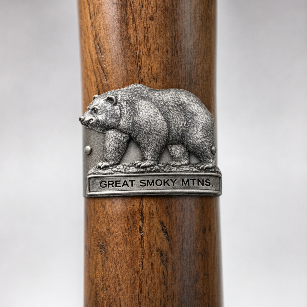 Great Smoky Mt. National Park Bear hiking stick medallion installed on a wooden hiking staff