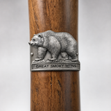 Great Smoky Mt. National Park Bear hiking stick medallion installed on a wooden hiking staff